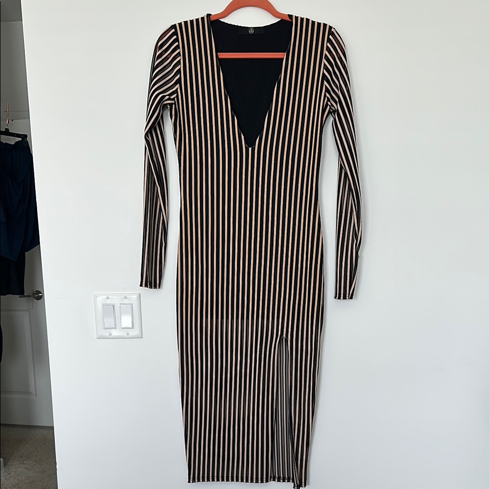 Missguided Tan Ribbed Long Sleeve Bodycon Dress